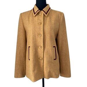 PHILLIPE ADEC Camel Wool Blend Tweed Jacket with Burgundy Trim Sz 6